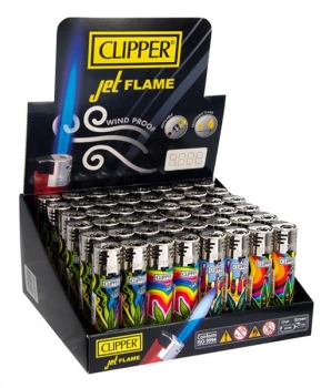 Clipper Plastic JETFLAME Feuerzeuge groß, 48er Display, MAZED LEAVES - Black Cap